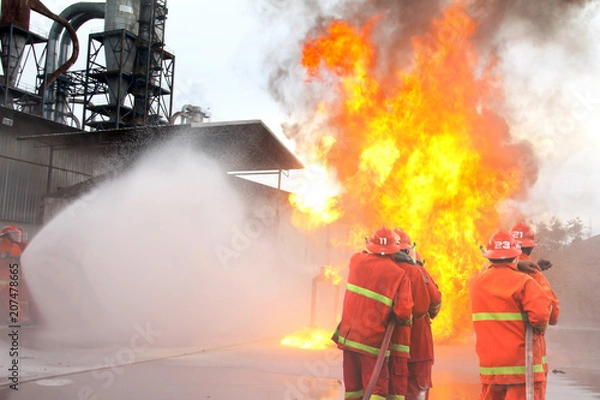 Fototapeta  fireman using water and extinguisher to fighting with fire flame in an emergency situation.All firemen wearing fire fighter suit for safety.