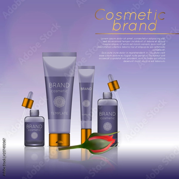 Fototapeta Vector 3D cosmetic illustration with rose and bokeh background. Beauty realistic cosmetic product design template.