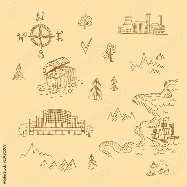 Obraz Template of treasure map. Set of hand-drawn scetched items.