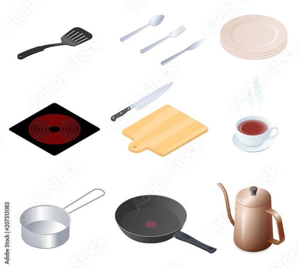 Obraz Flat isometric illustration of kitchen utensils, kitchenware and cookware set. The cooking equipment, cuisine accessories, crockery vector elements isolated on white background.