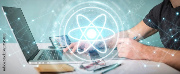 Fototapeta Businessman using modern molecule structure 3D rendering