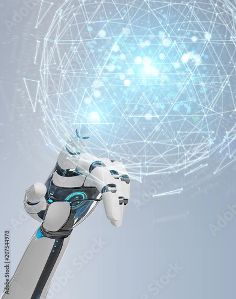 Obraz White robot hand using digital triangle exploding sphere hologram 3D rendering