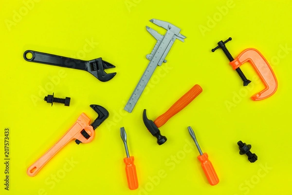 Fototapeta Flat lay of set mechanic tools on paper background,Concept Father's Day gift and industrial background.