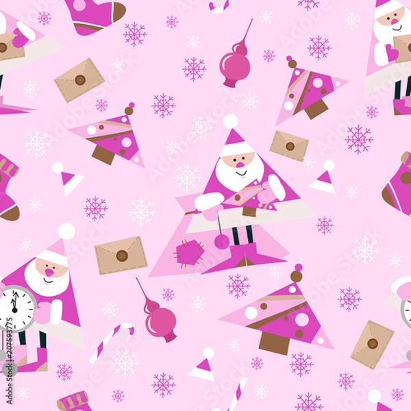 Fototapeta Seamless New Year pattern on pink background.Santa. Candys, christmas tree and snowflake. vector illustration