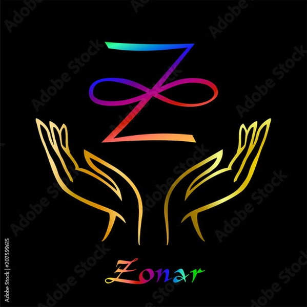 Fototapeta Karuna Reiki. Energy healing. Alternative medicine. Symbol Of Zonar. Spiritual practice. Esoteric.Open palm. Rainbow color. Vector