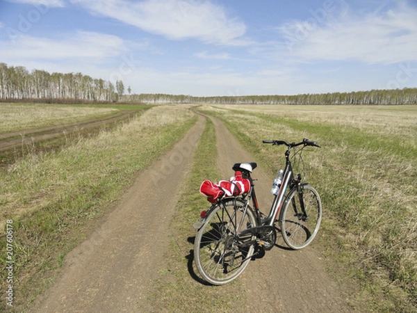 Fototapeta Traveling by bike through fields and forests