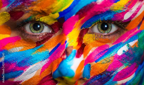 Fototapeta Portrait of the bright beautiful girl with art colorful make-up and bodyart
