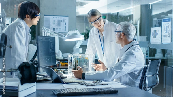 Fototapeta Team of Scientists Choose Between Printed Circuit Board to Work With. In The Background Technologically Advanced Scientific Research Center.