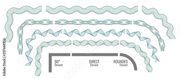 Fototapeta Seamless Guilloche Borders. Set of corner, direct and rounded elements. For certificate or diploma, isolated. Vector illustration.