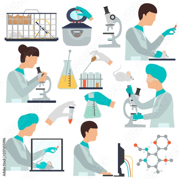Fototapeta Labaratory research color flat icons and illustrations set