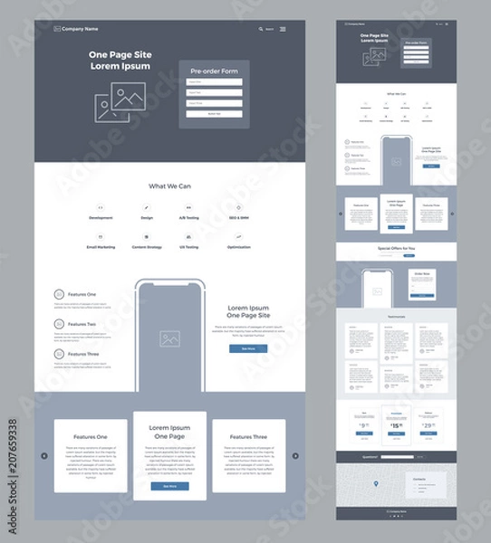 Obraz Szablon projektu jednej strony dla biznesu. Model szkieletowy strony docelowej. Płaski nowoczesny responsywny design. Witryna UX UI: strona główna, funkcje, oferty, zamówienie, referencje, ceny, pytania, kontakty, formularz, mapa