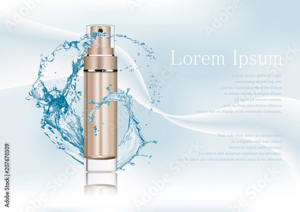 Fototapeta Vector illustration,empty bronze gold package for cosmetic products with pump, tube for lotion, tonic, cream. Realistic mockup of glass container with batcher. Abstract stylish gradient background.