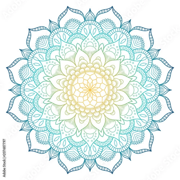 Obraz Mandala wzór kolorowe tło. Ilustracji wektorowych. Element medytacji dla jogi w Indiach. Ozdoba do dekoracji powitania. Zestaw vintage zaproszenia ślubne