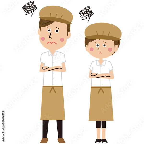 Fototapeta ポップなカフェ店員またはパン屋の男女ペア　困る