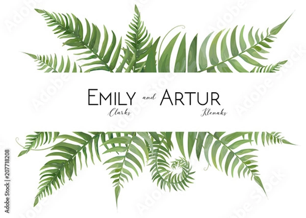 Fototapeta Wedding floral watercolor invite, invitation, save the date card design with tropical forest greenery leaves & green fern fronds decorative natural border, frame. Vector, modern art elegant template.