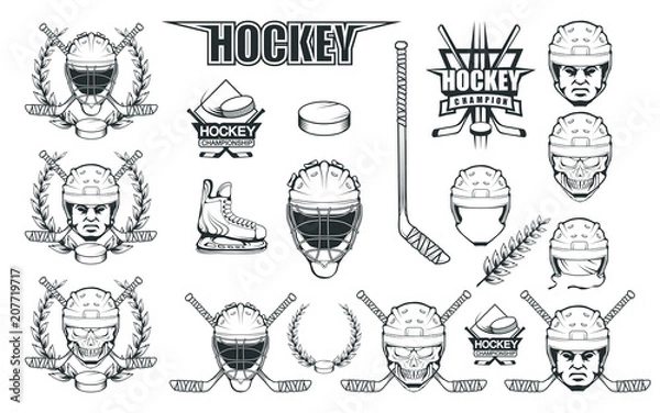 Obraz Zestaw różnych elementów do gry w hokeja. Kask hokejowy. Profesjonalna ilustracja łyżwy. Czaszka z kaskiem hokejowym. Logo Ice Games. Maska bramkarza z kijami. Grafiki wektorowe do projektowania.