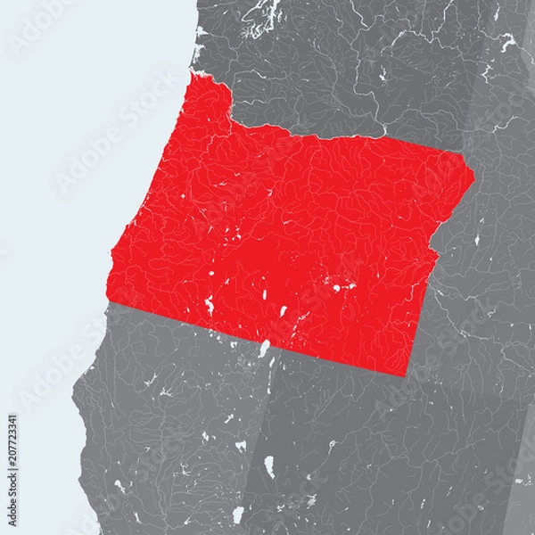 Fototapeta U.S. states - map of Oregon. Rivers and lakes are shown. Please look at my other images of cartographic series - they are all very detailed and carefully drawn by hand WITH RIVERS AND LAKES.