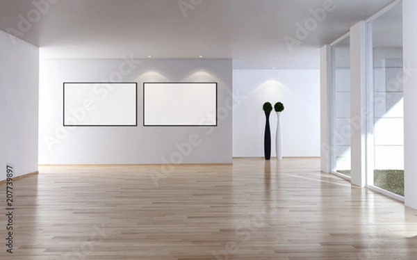 Fototapeta Modern bright interiors empty room with mockup poster frame 3D rendering illustration