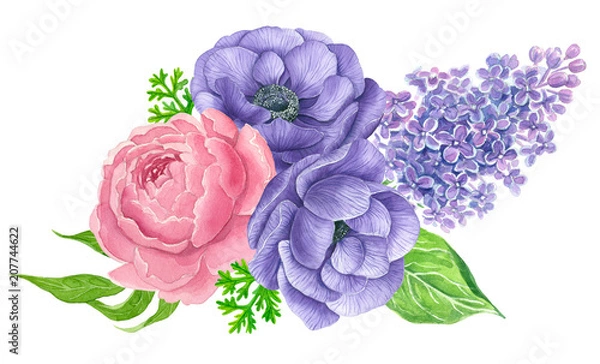 Fototapeta Watercolor bouquet of anemone, lilac and peony flowers  isolated on white background. Element for design.