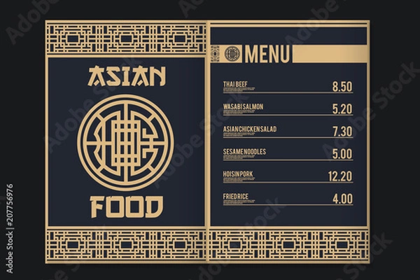 Fototapeta Asian style menu with asian patterns and symbols. Sushi and traditional asian food. Template for restaurant. Traditional asian colors. Vector illustration