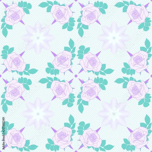 Fototapeta Vector seamless pattern. Violet roses on light blue background with geometric decoration.