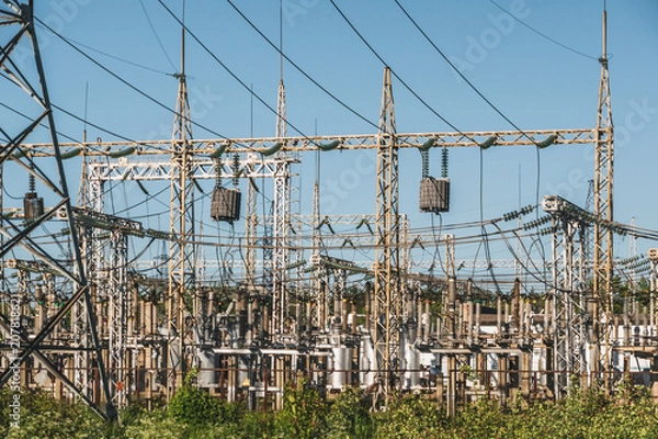 Obraz High voltage power lines and Electricity Power transformer station