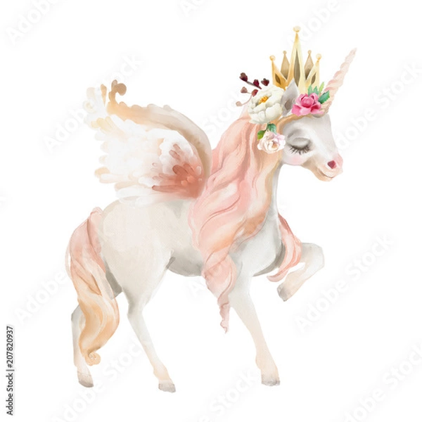 Fototapeta Beautiful, cute, watercolor dreaming unicorn, pegasus with wings and  flowers, golden crown, floral bouquet isolated on white
