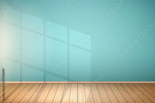 Fototapeta Przykład pustego pokoju z niebieskimi ścianami i światłem z okna. Proste wnętrze bez wyposażenia i mebli. Światło słoneczne odbijało się od ściany. Wektor.