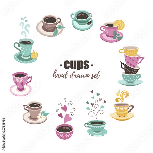 Fototapeta Hand drawn teacups collection. Doodle tea cups and coffee cups isolated on white background. Vector illustrations for cafe and restaurant menu design.