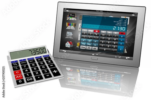 Obraz Tablet con software calcolatore su sfondo bianco..