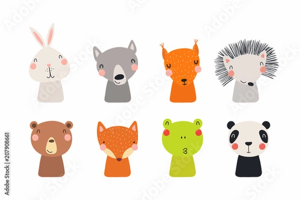 Fototapeta Set of cute funny little animals bear, panda, bunny, wolf, frog, fox, hedgehog, squirrel. Isolated objects on white. Vector illustration. Scandinavian style flat design. Concept for children print