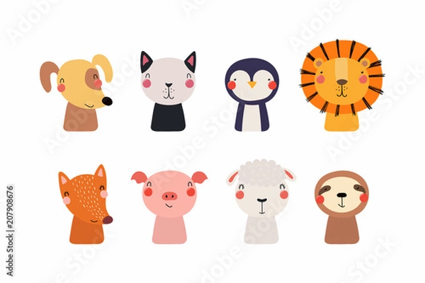 Fototapeta Set of cute funny little animals cat, lion, sheep, penguin, dog, sloth, fox, pig. Isolated objects on white background. Vector illustration. Scandinavian style flat design. Concept for children print.
