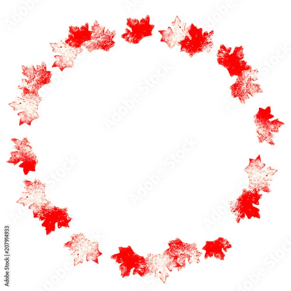 Fototapeta Graphic hand drawn printed red mapple leaves. Circle frame for prints, posters, web nad cards