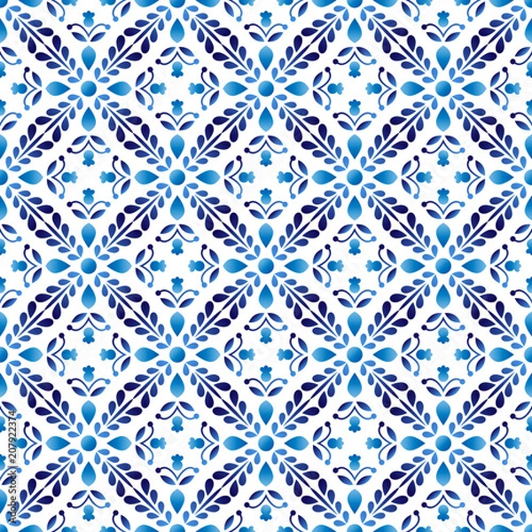 Fototapeta Ceramic tile pattern. Islamic, indian, arabic motifs. Damask seamless pattern. Porcelain ethnic bohemian background.  Abstract flower
