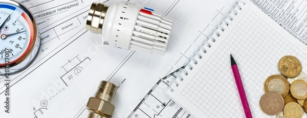Fototapeta Engineering heating. Concept Heating. Project of heating for house.