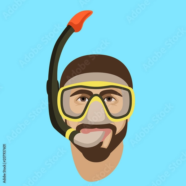 Fototapeta  man face in diving mask and snorkel flat style