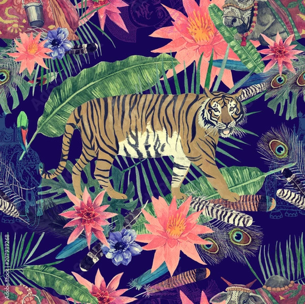 Fototapeta Seamless watercolor pattern with leaves, flowers, tigers cows.