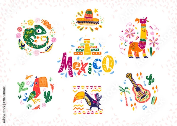Fototapeta Vector set of hand drawn decorative arrangements with traditional Mexican symbols and elements - Mexico lettering, decor, sombrero, guitar, cactus, llama, parrot,  etc. isolated on white background.