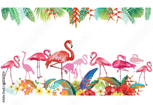 Fototapeta Arrangement from tropical flowers and Flamingoes