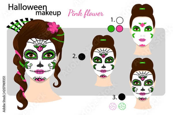 Obraz Makeup drawing technique, for Dia de los Muertos, day of the dead. Halloween face art skull Mexican style