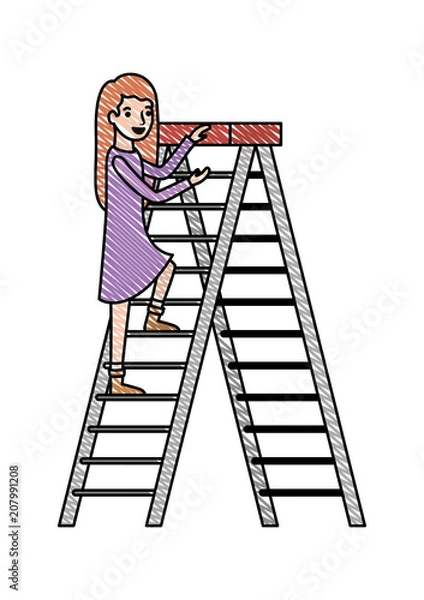Fototapeta woman climbing stepladder character vector illustration design