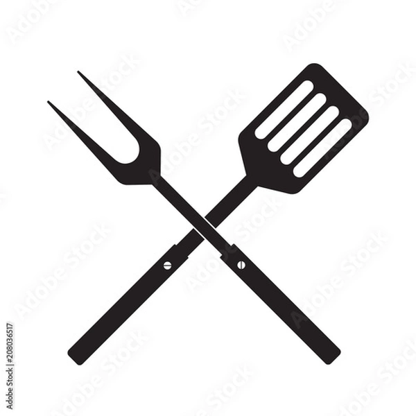 Fototapeta BBQ or grill tools icon. Crossed barbecue fork with spatula. Black simple silhouette. Symbol Template Logo. Vector illustration flat design. Isolated on white background.