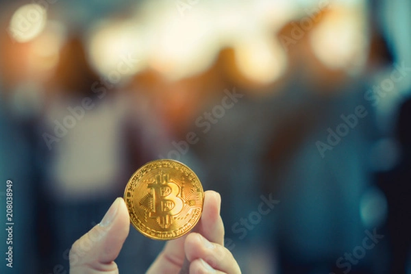 Fototapeta Gold Medal-Digital currency can be substituted for cash in the future world. Bitcoin. Copy space.