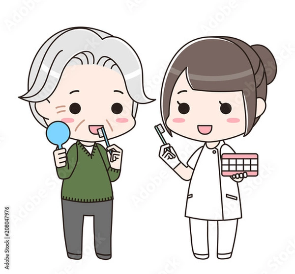 Obraz シニア男性に歯磨き指導をする歯科衛生士の女性（全身）