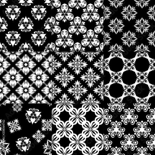 Fototapeta Black and white floral ornaments. Collection of seamless patterns