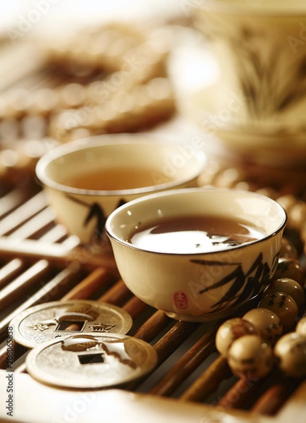 Fototapeta Piala with tea in Chinese style. Shallow depth of field,