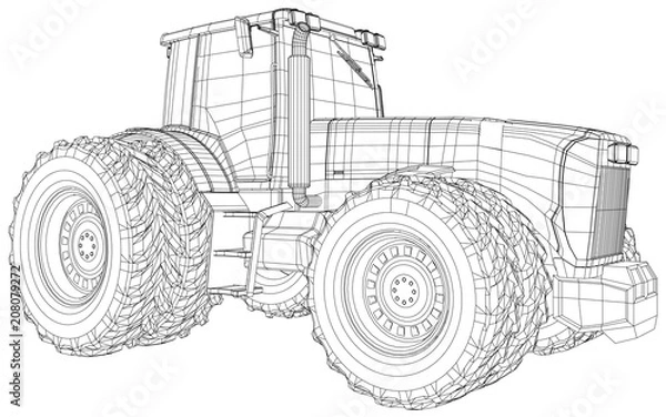 Fototapeta Wire-frame tractor isolated on white background. Tracing illustration of 3d.