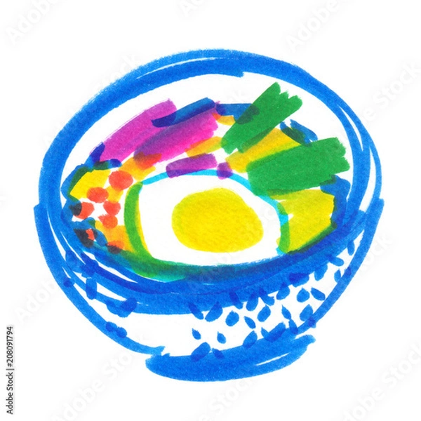 Fototapeta A bowl of traditional Asian soup painted in highlighter felt tip pen on clean white background