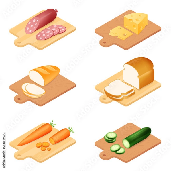 Obraz Flat isometric illustration of different chopped food set. The slices of bread, loaf, cheese, sausage, cucumber, carrot on the wooden cutting boards. The culinary and cooking meal vector element set.