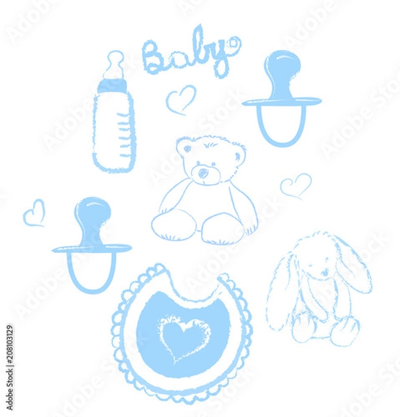 Obraz Vector illustration with hand drawn accessories for kids and newborn isolated on white background